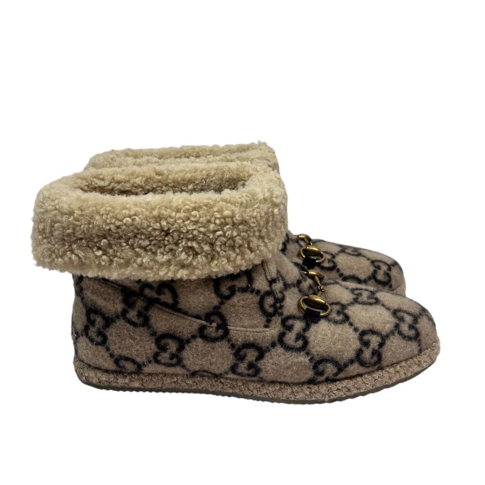 Gucci GG Monogram Wool Shearling Boots Beige Tan Women’s Size EUR 39.5 Horsebit - Picture 3 of 16